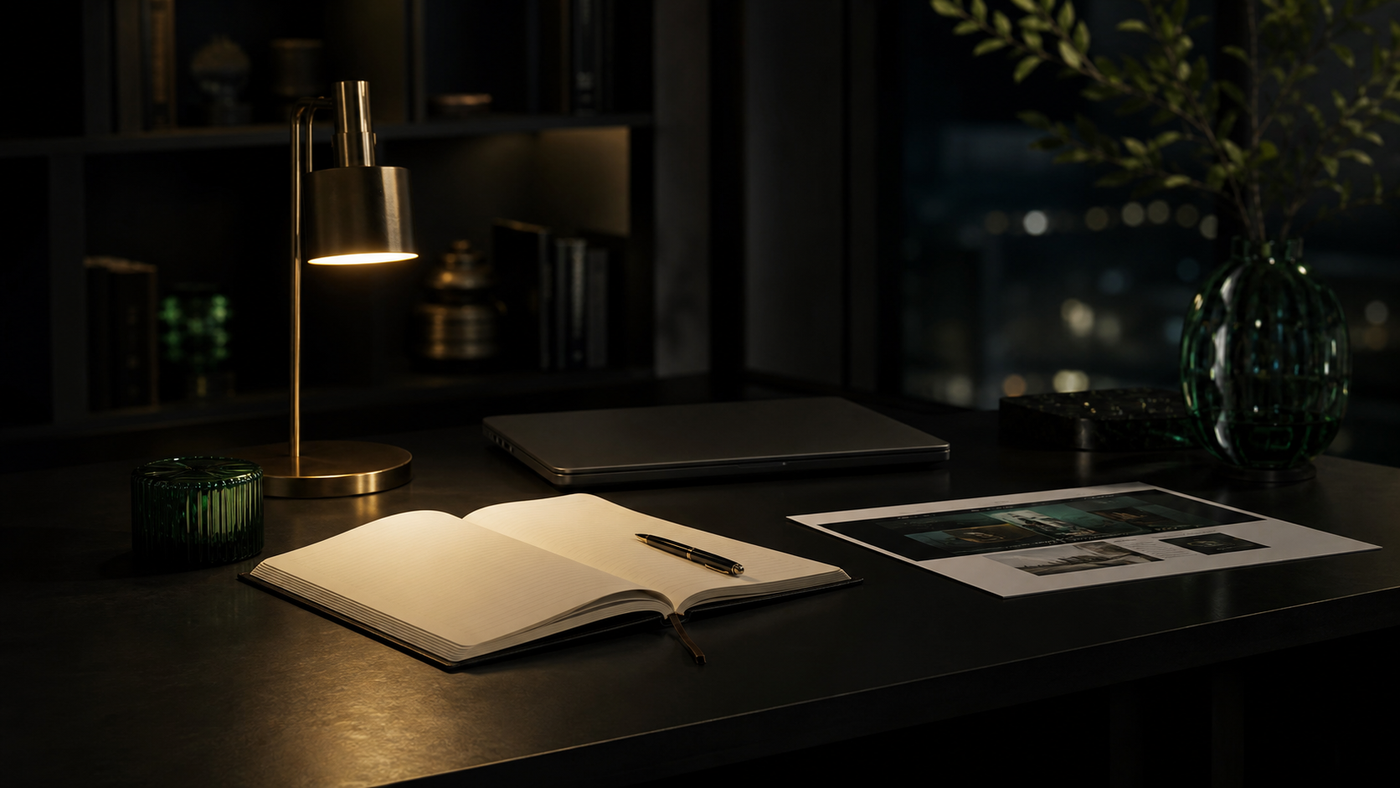 Low-light studio desk with notebook, laptop, and project planning paper