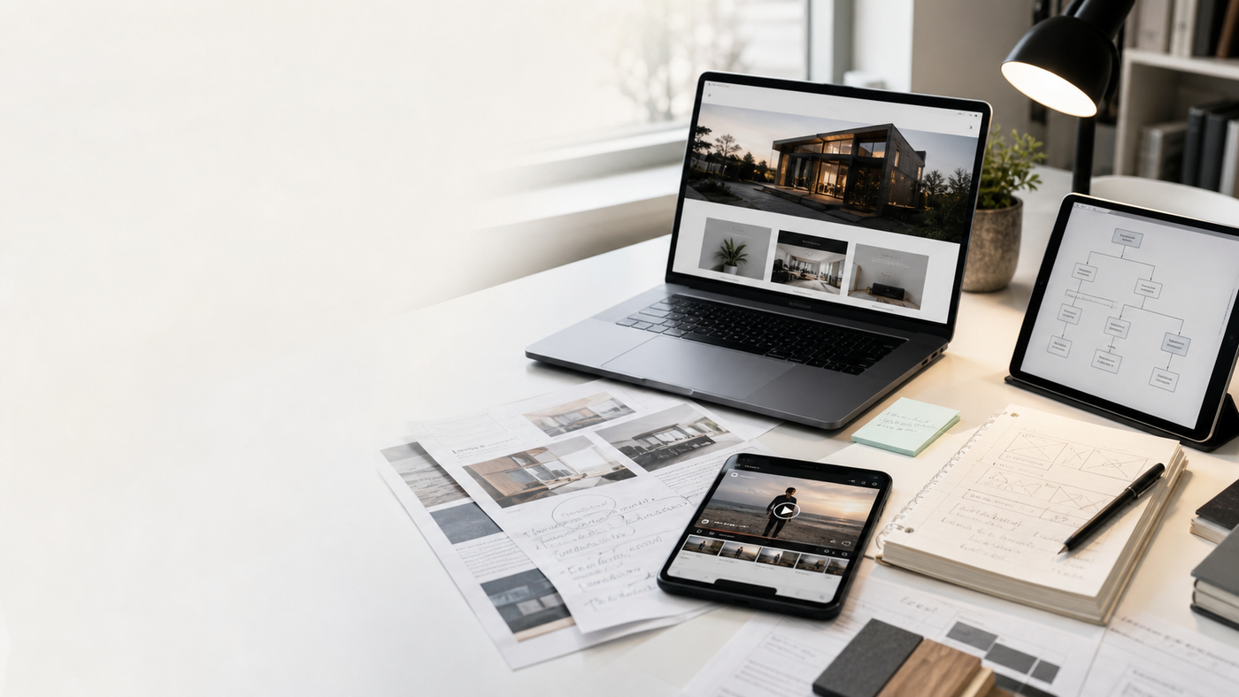 Website Factory planning desk with laptop, tablet, notes, and a website preview