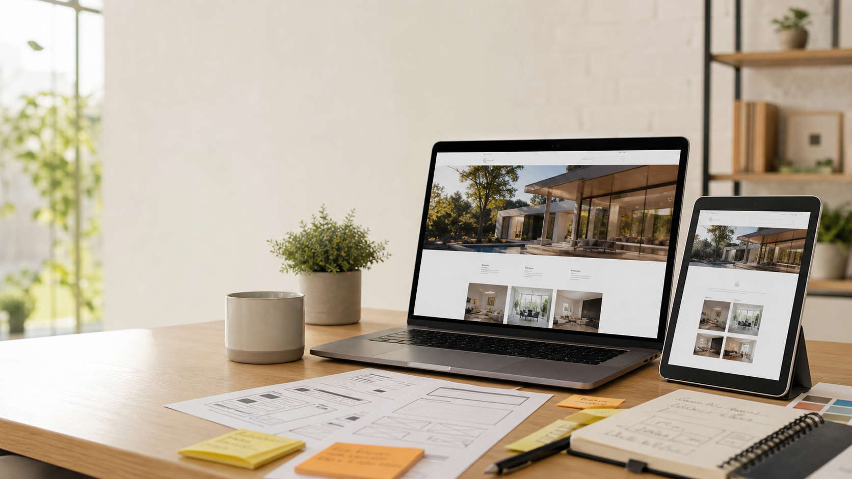 Website Factory planning desk with laptop, tablet, wireframes, and a website preview